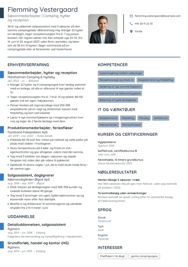 CV-eksempel til sæsonmedarbejder med 5 somre i Blåvand