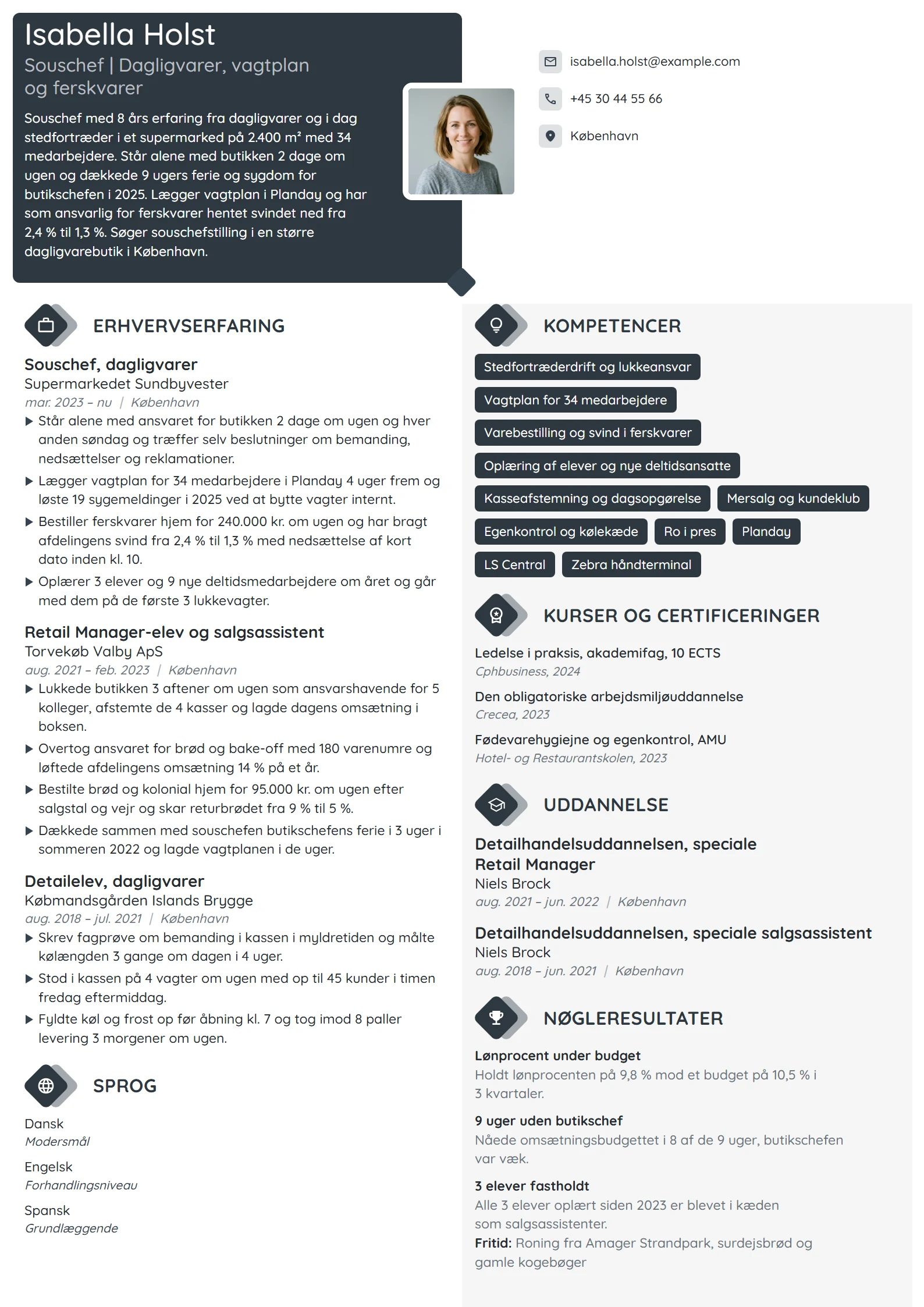 CV-eksempel til souschef i supermarked med 34 ansatte