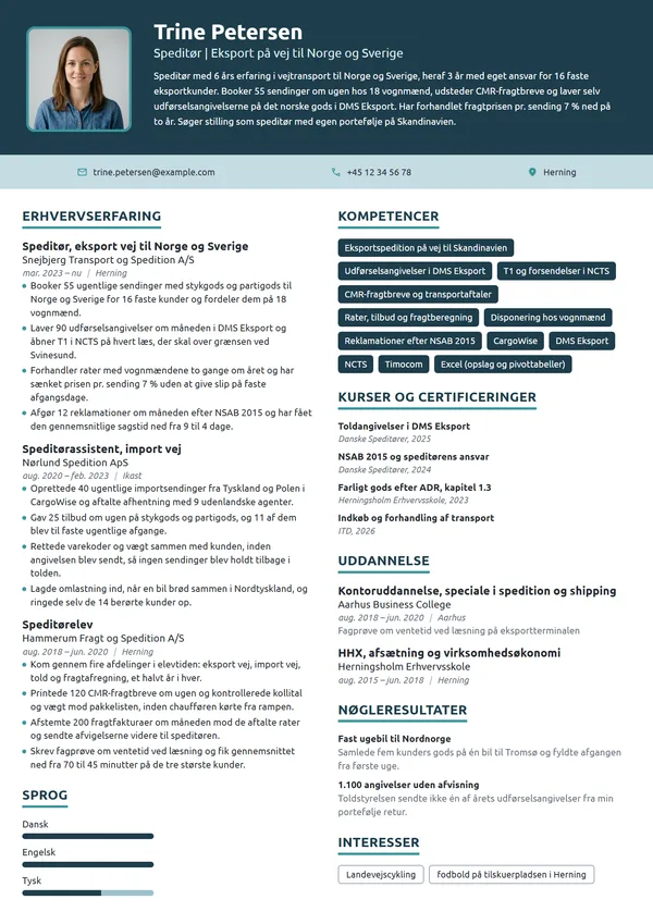 CV-eksempel til erfaren speditør, eksport på vej