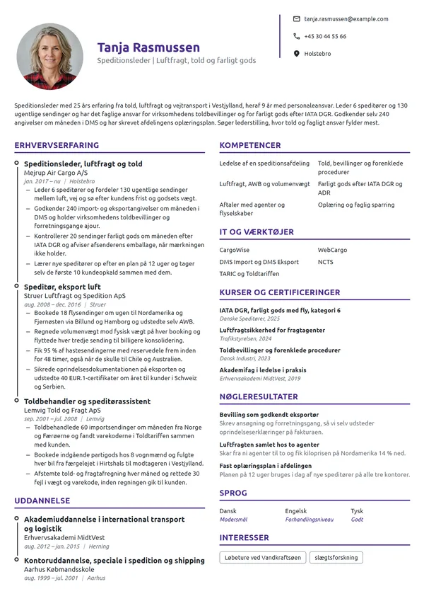 CV-eksempel til speditionsleder, luftfragt og told