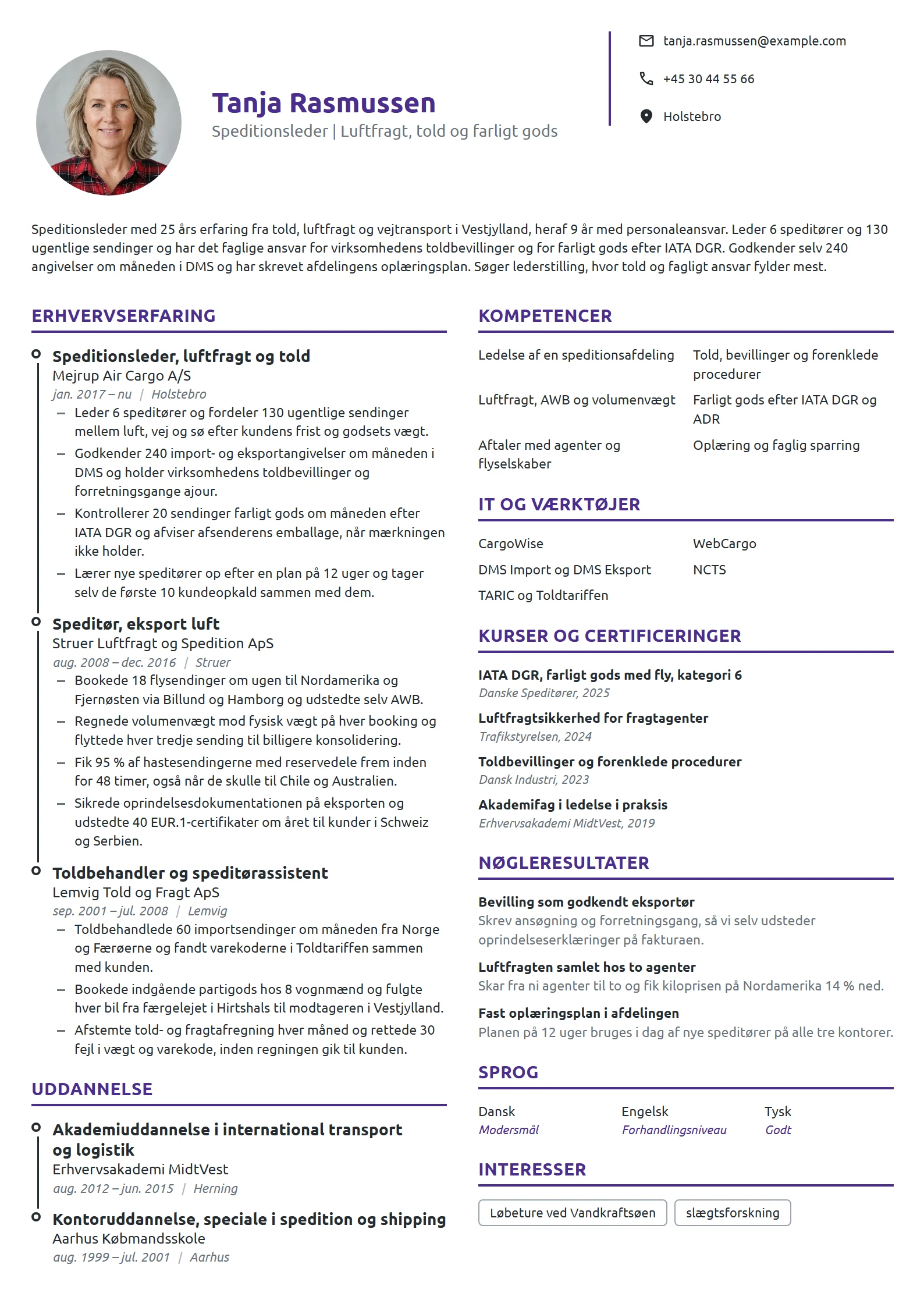 CV-eksempel til speditionsleder, luftfragt og told