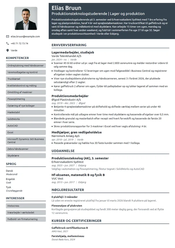 CV-eksempel til produktionsteknolog med lagererfaring