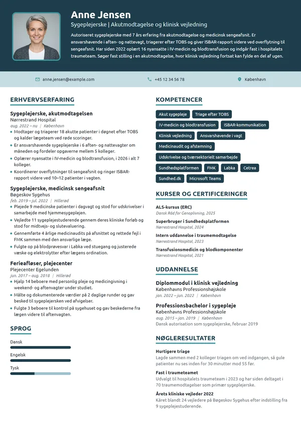 CV-eksempel til erfaren sygeplejerske