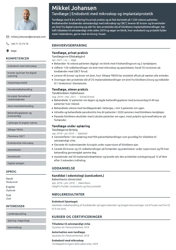 CV-eksempel til erfaren tandlæge i privat praksis