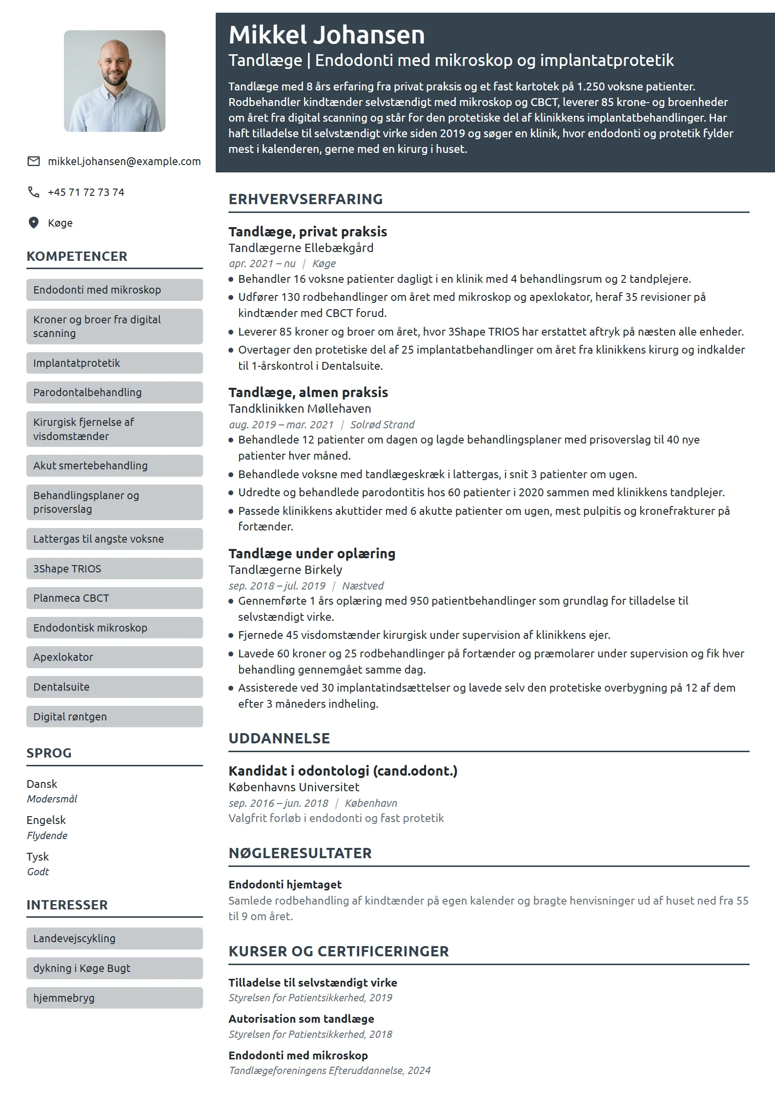 CV-eksempel til erfaren tandlæge i privat praksis