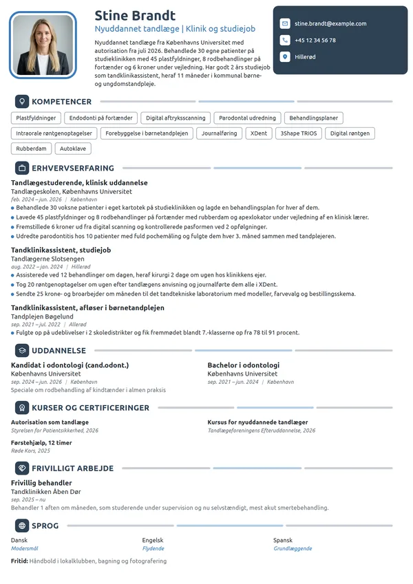 CV-eksempel til nyuddannet tandlæge, klinik fra studiet