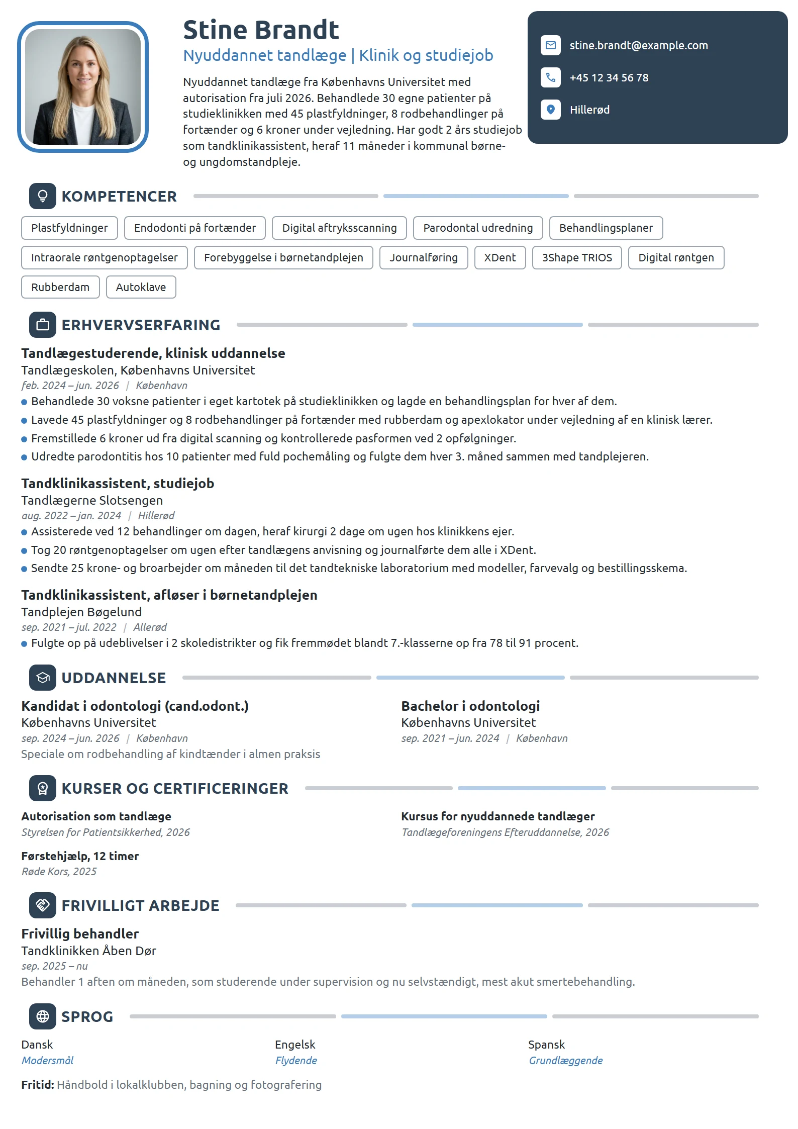 CV-eksempel til nyuddannet tandlæge, klinik fra studiet