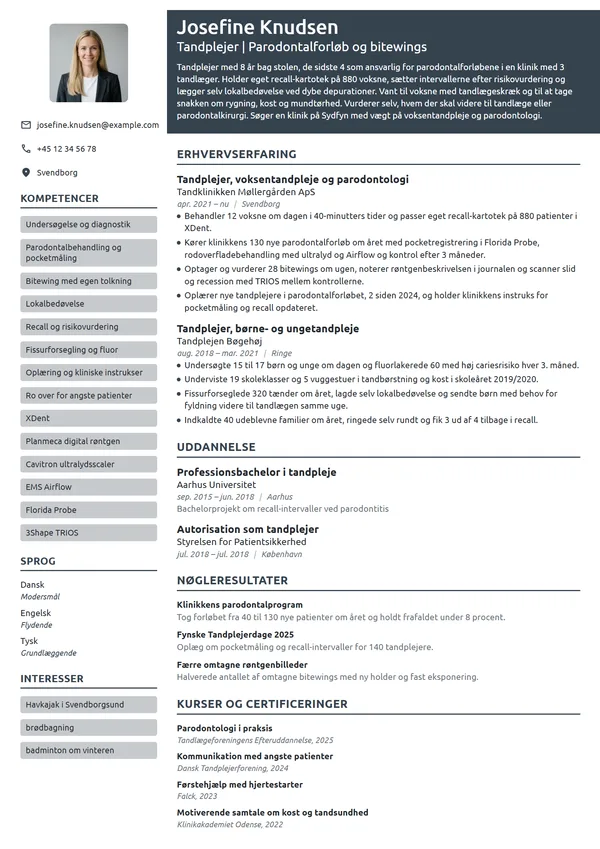 CV-eksempel til erfaren tandplejer i privat praksis