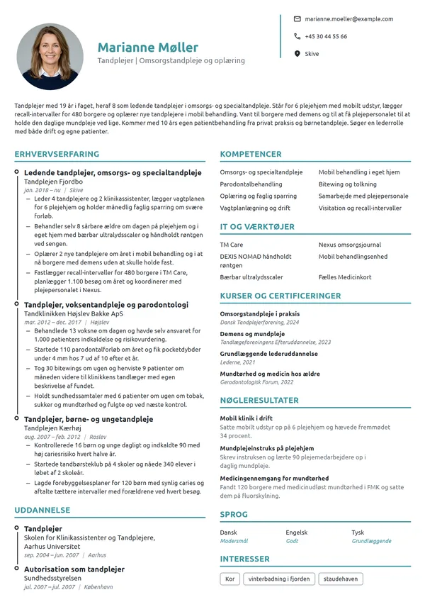 CV-eksempel til ledende tandplejer, omsorgstandpleje