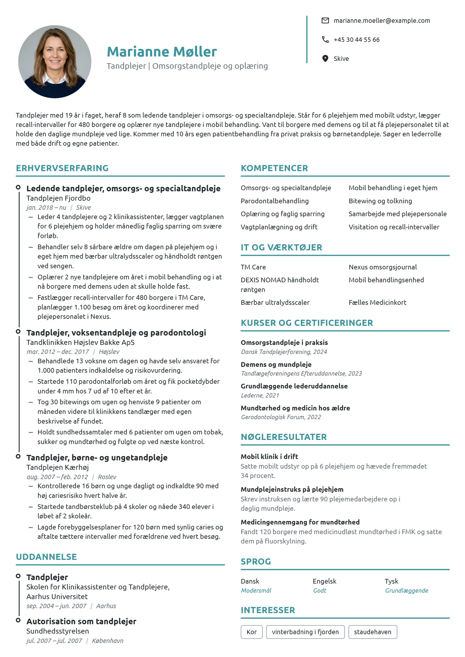 CV-eksempel til ledende tandplejer, omsorgstandpleje