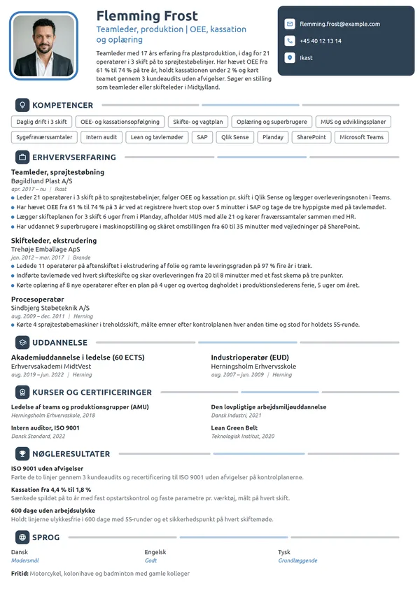 CV-eksempel til erfaren teamleder i produktion