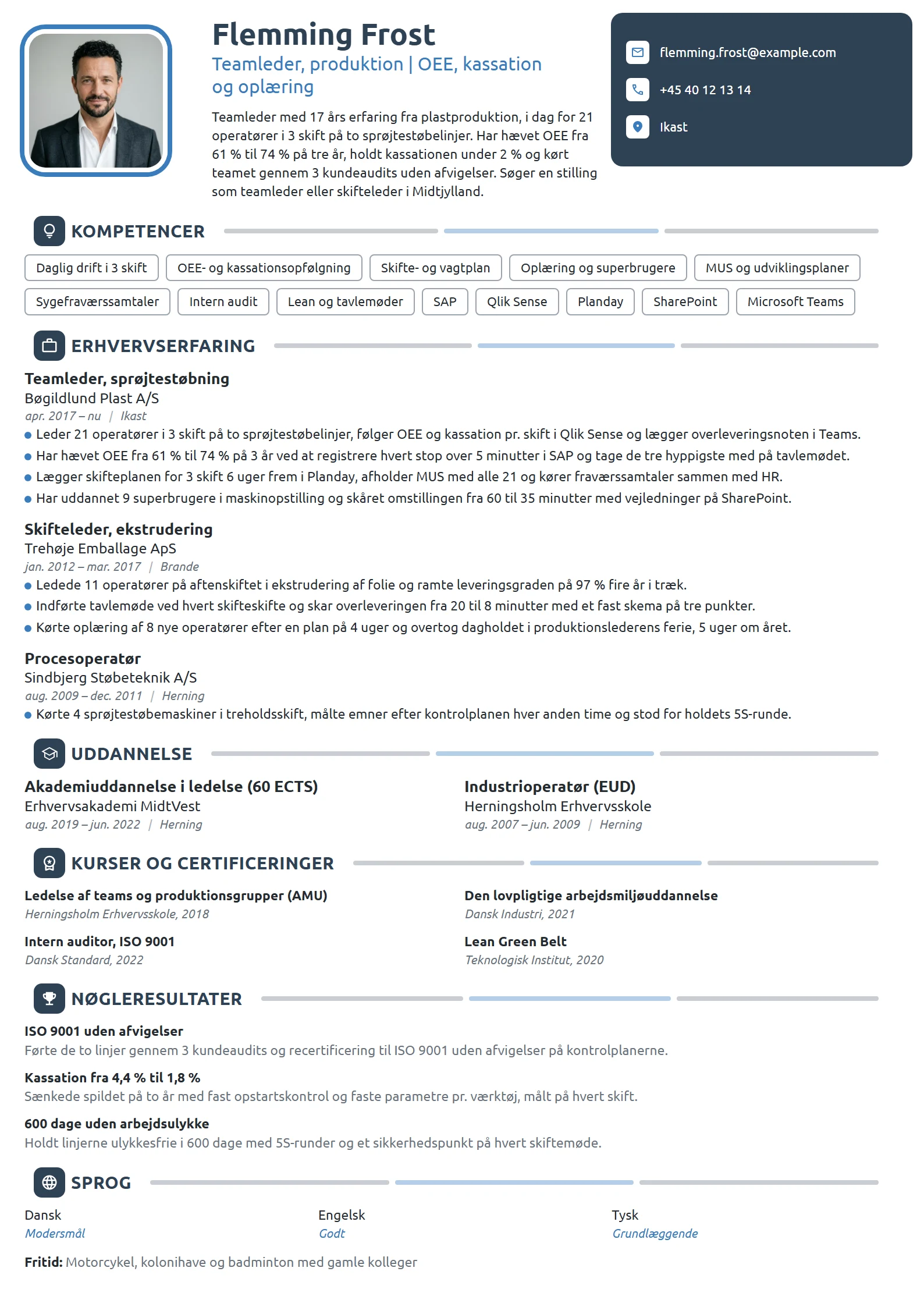 CV-eksempel til erfaren teamleder i produktion