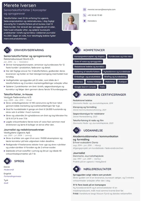CV-eksempel til seniortekstforfatter på bureau