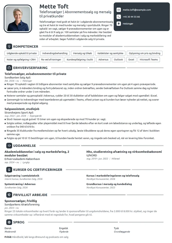 CV-eksempel til nyuddannet telefonsælger, hhx