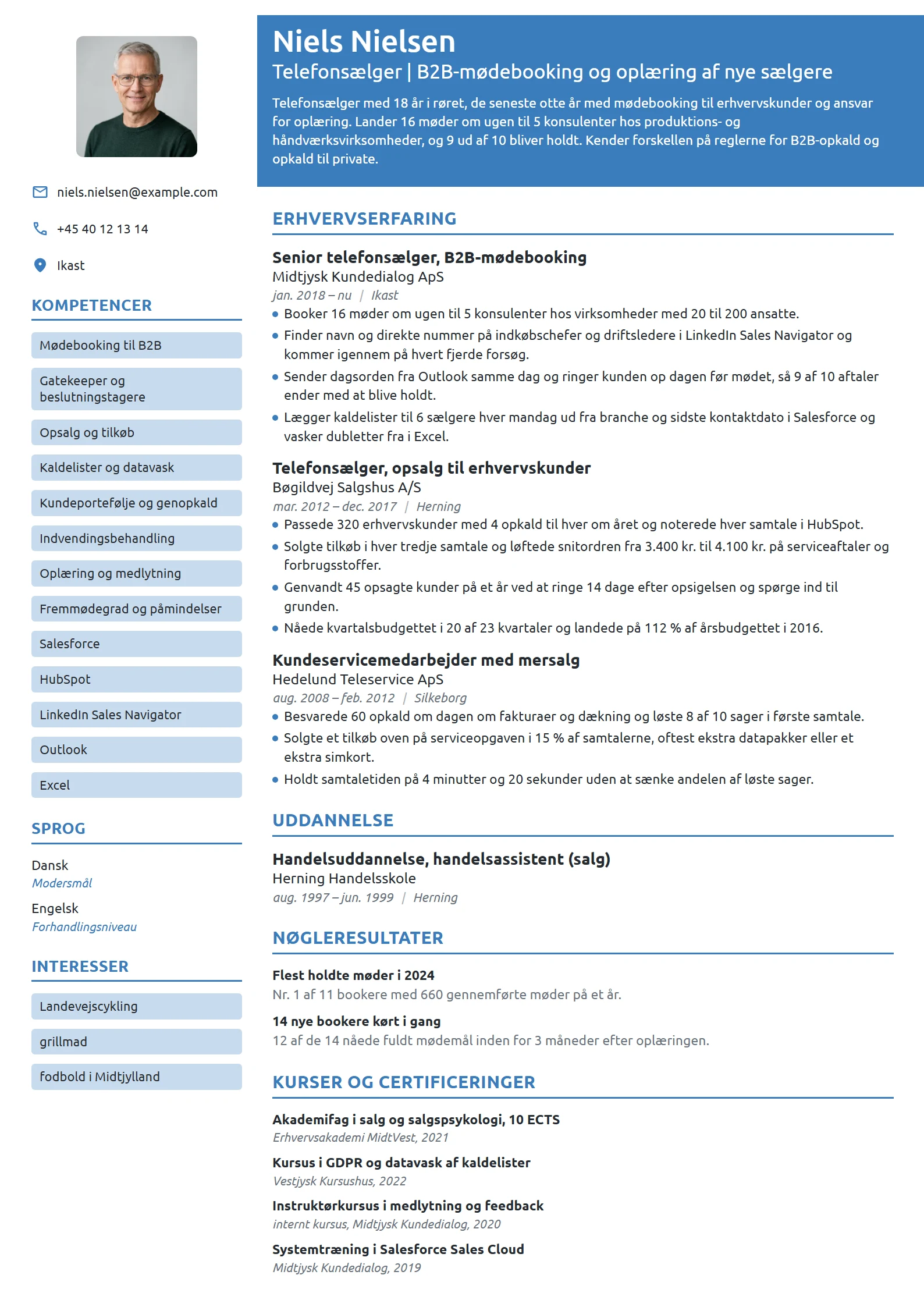 CV-eksempel til senior telefonsælger, B2B-mødebooking