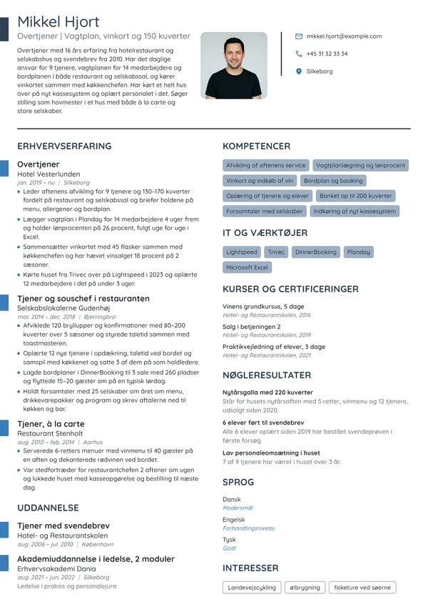 CV-eksempel til overtjener med ansvar for driften