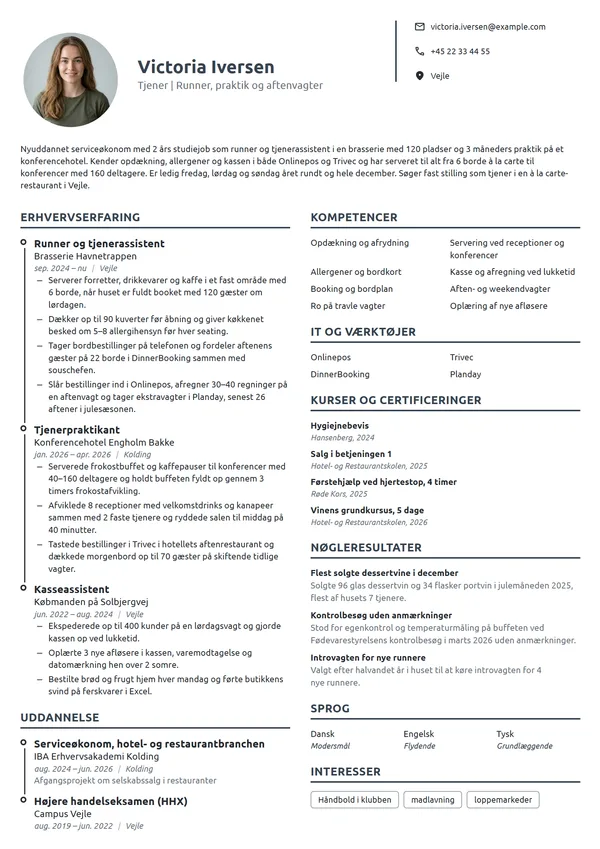 CV-eksempel til ny tjener med studiejob og praktik