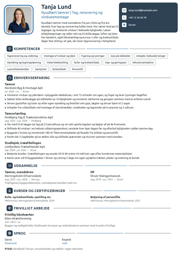 CV-eksempel til nyudlært tømrer med svendebrev