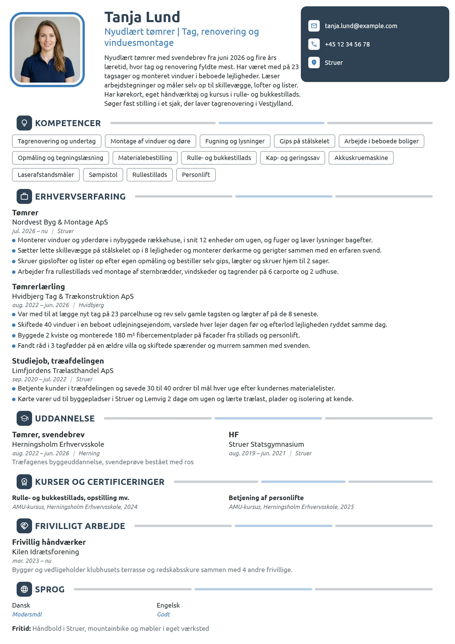 CV-eksempel til nyudlært tømrer med svendebrev