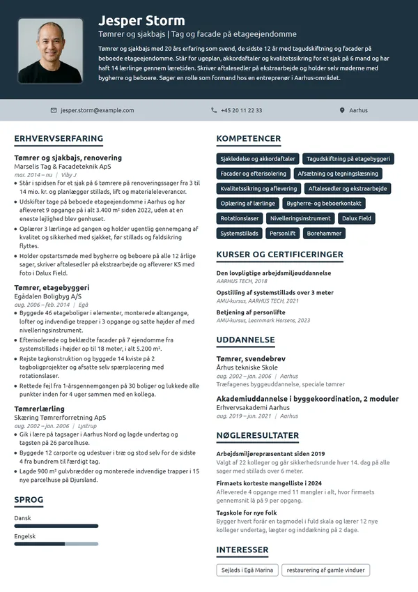 CV-eksempel til tømrer og sjakbajs, renovering