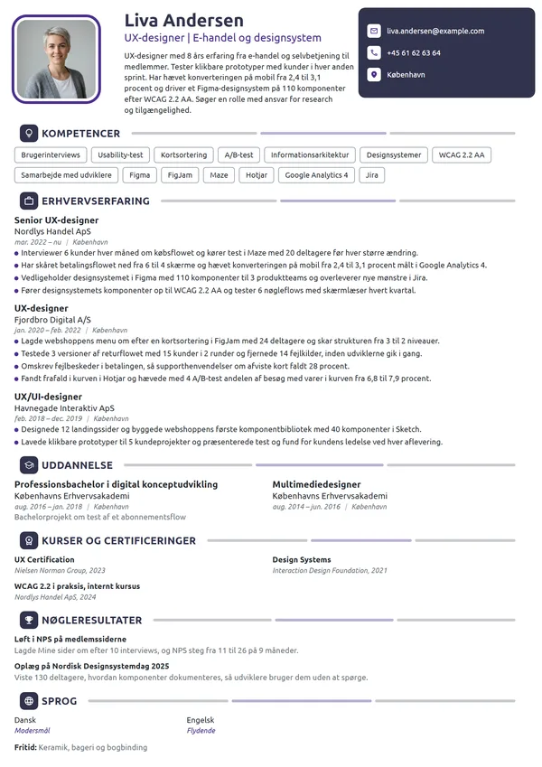CV-eksempel til erfaren UX-designer i e-handel