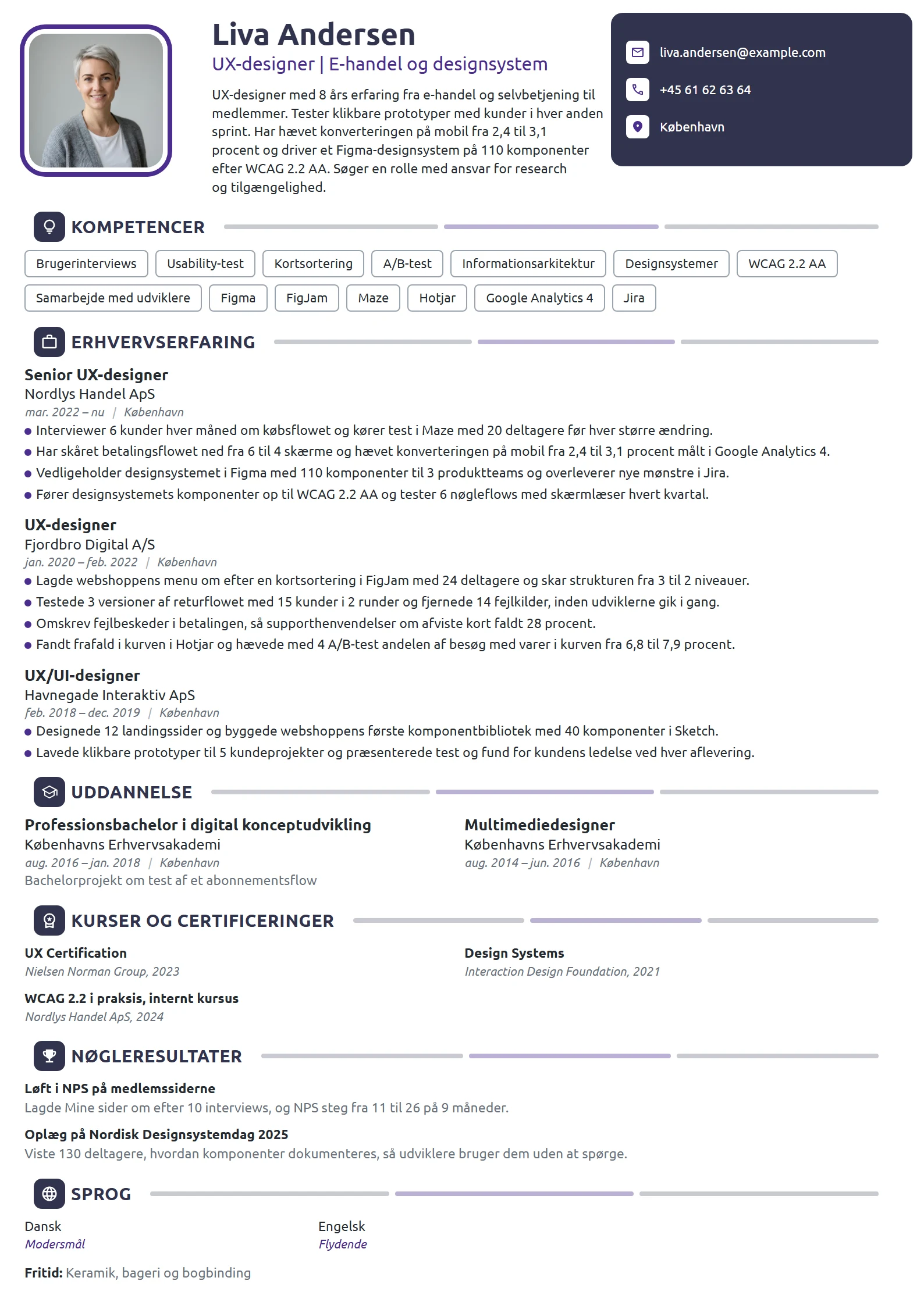 CV-eksempel til erfaren UX-designer i e-handel