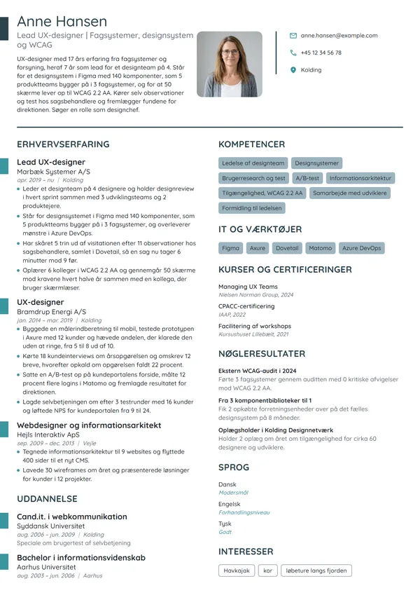 CV-eksempel til lead UX-designer med designsystem
