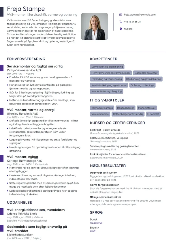 CV-eksempel til VVS-montør og fagligt ansvarlig