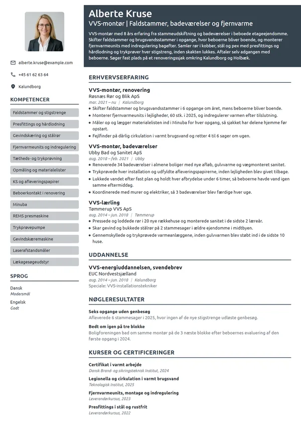 CV-eksempel til erfaren VVS-montør, renovering
