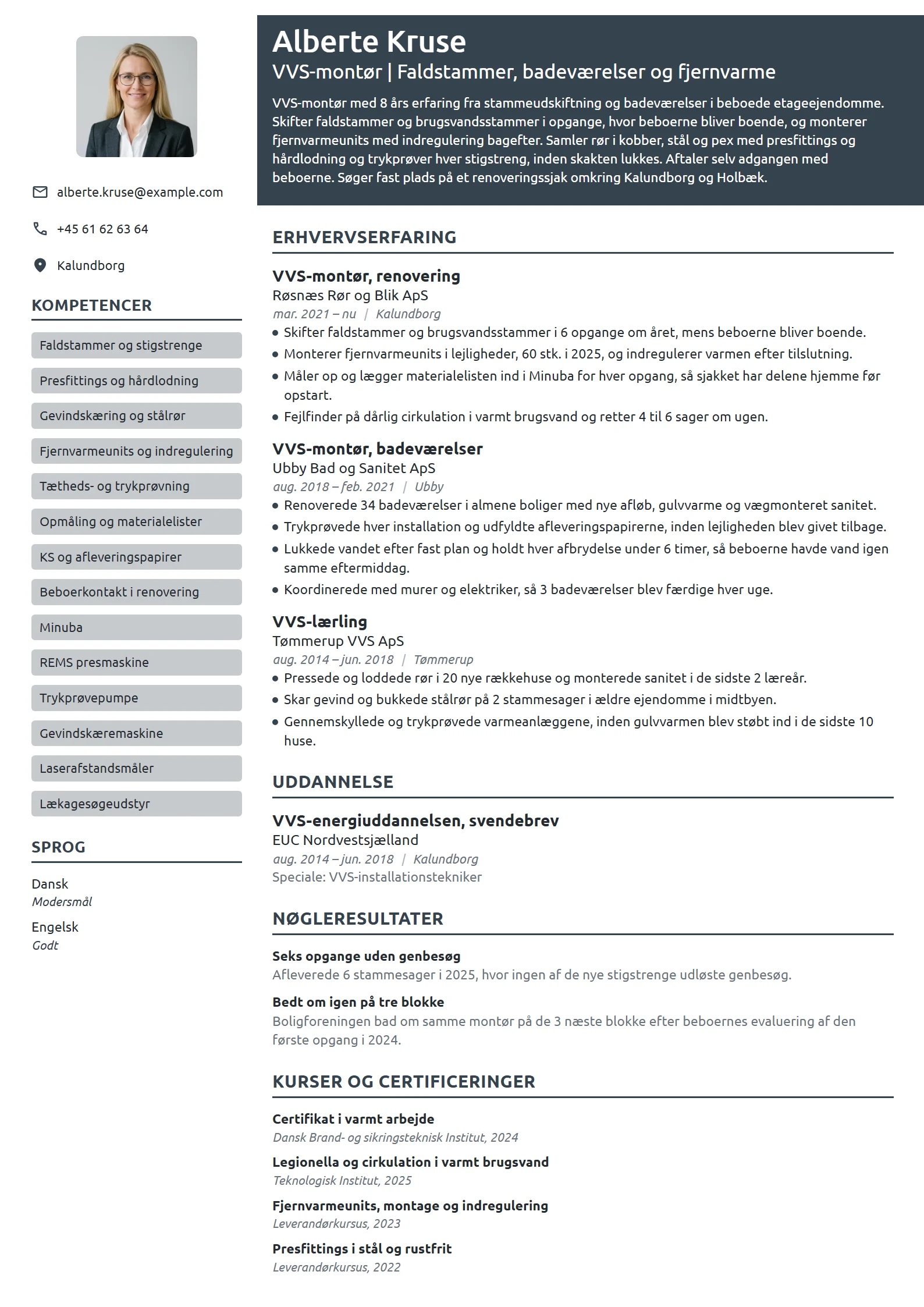 CV-eksempel til erfaren VVS-montør, renovering