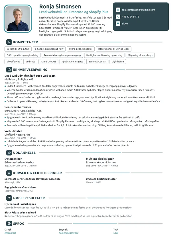 CV-eksempel til lead webudvikler med teamansvar