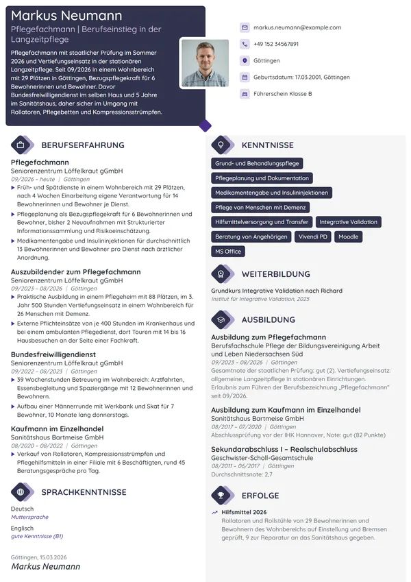 Lebenslauf-Beispiel: Pflegefachmann in der Langzeitpflege