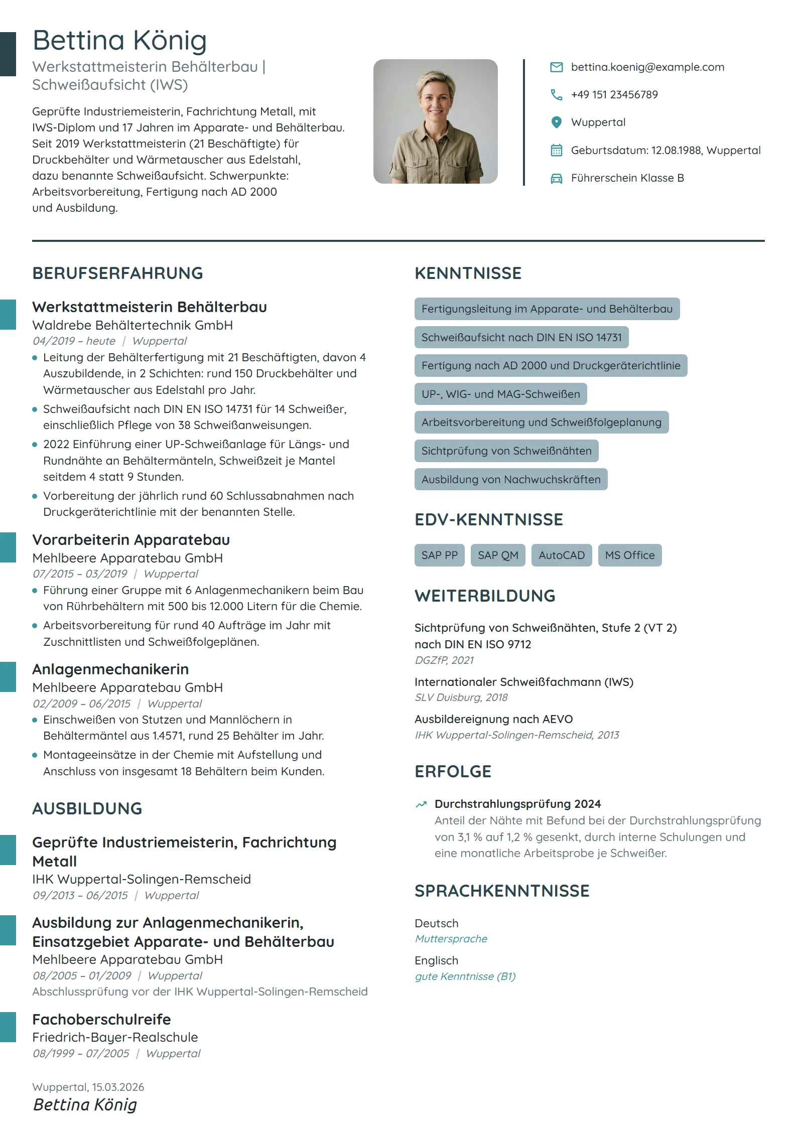 Lebenslauf-Beispiel: Industriemeisterin im Behälterbau
