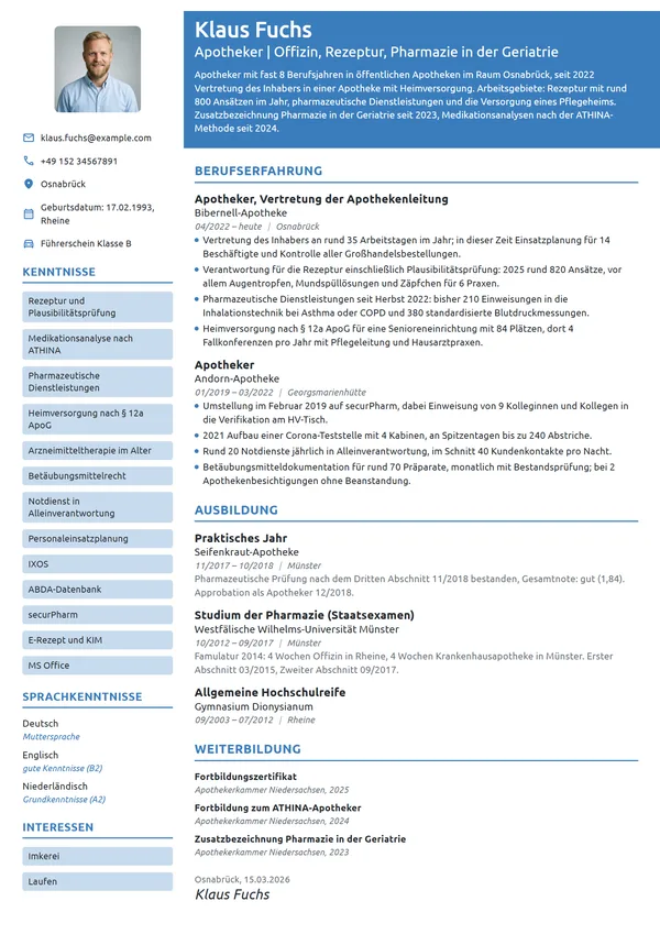 Lebenslauf-Beispiel: Apotheker, Vertretung der Apothekenleitung