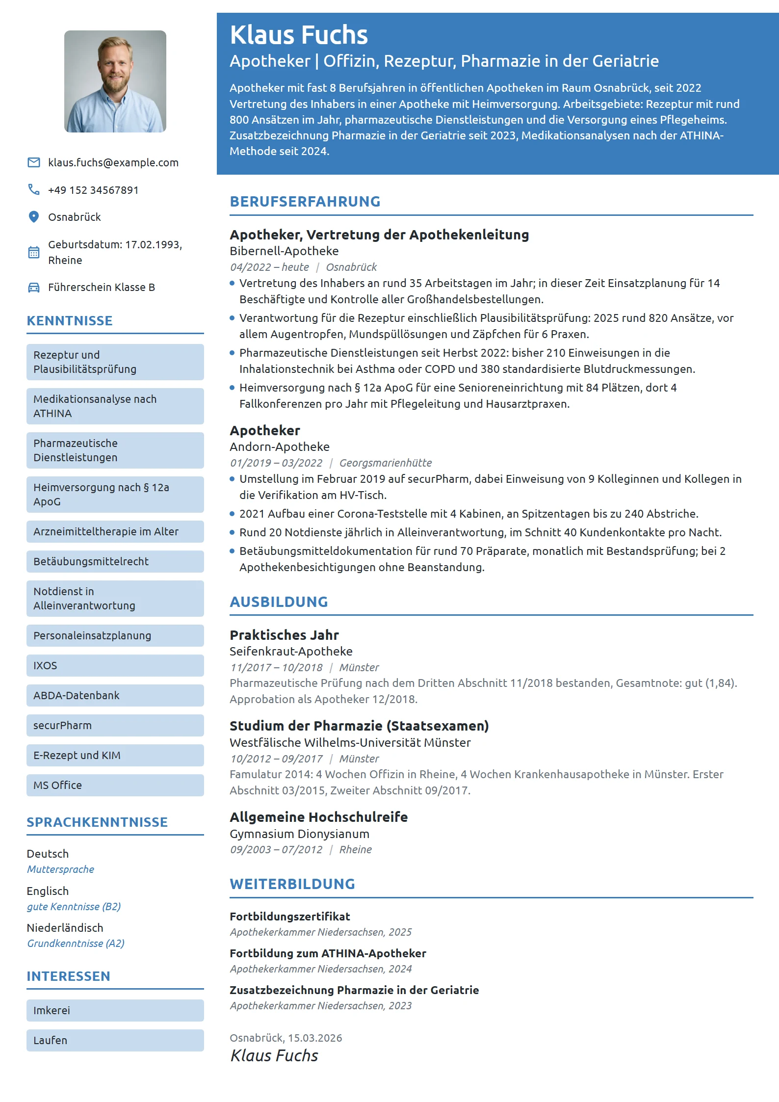 Lebenslauf-Beispiel: Apotheker, Vertretung der Apothekenleitung