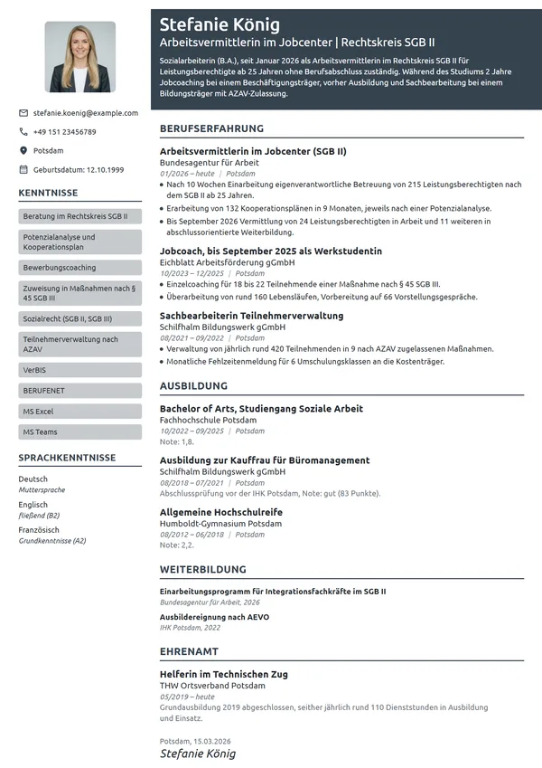 Lebenslauf-Beispiel: Arbeitsvermittlerin im Berufseinstieg