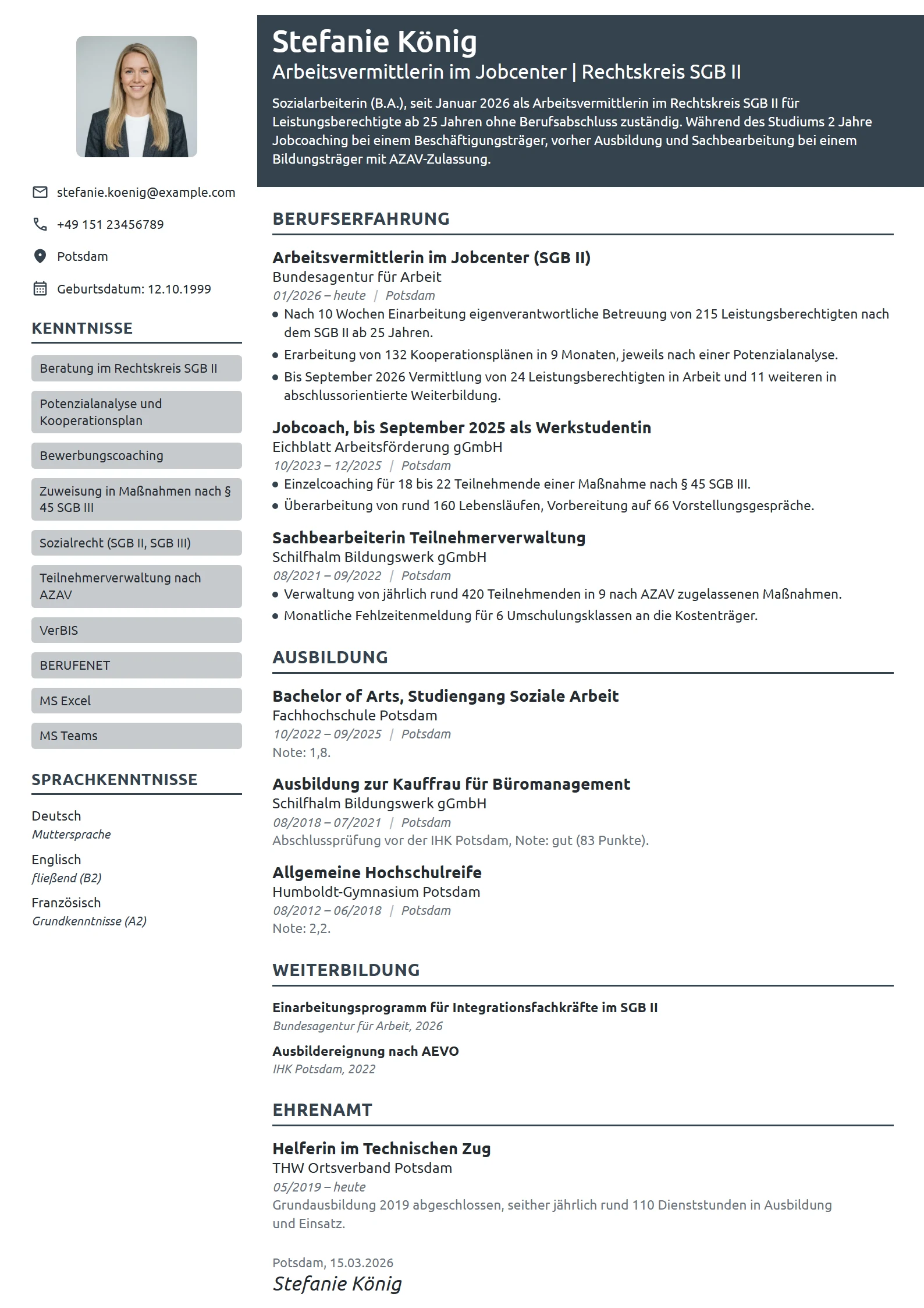 Lebenslauf-Beispiel: Arbeitsvermittlerin im Berufseinstieg