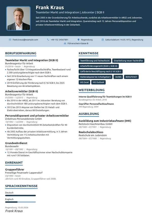 Lebenslauf-Beispiel: Teamleiter Markt und Integration