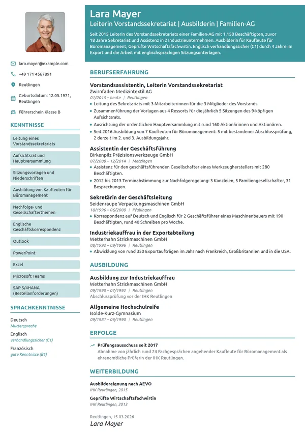 Lebenslauf-Beispiel: Vorstandsassistentin, Leiterin Sekretariat