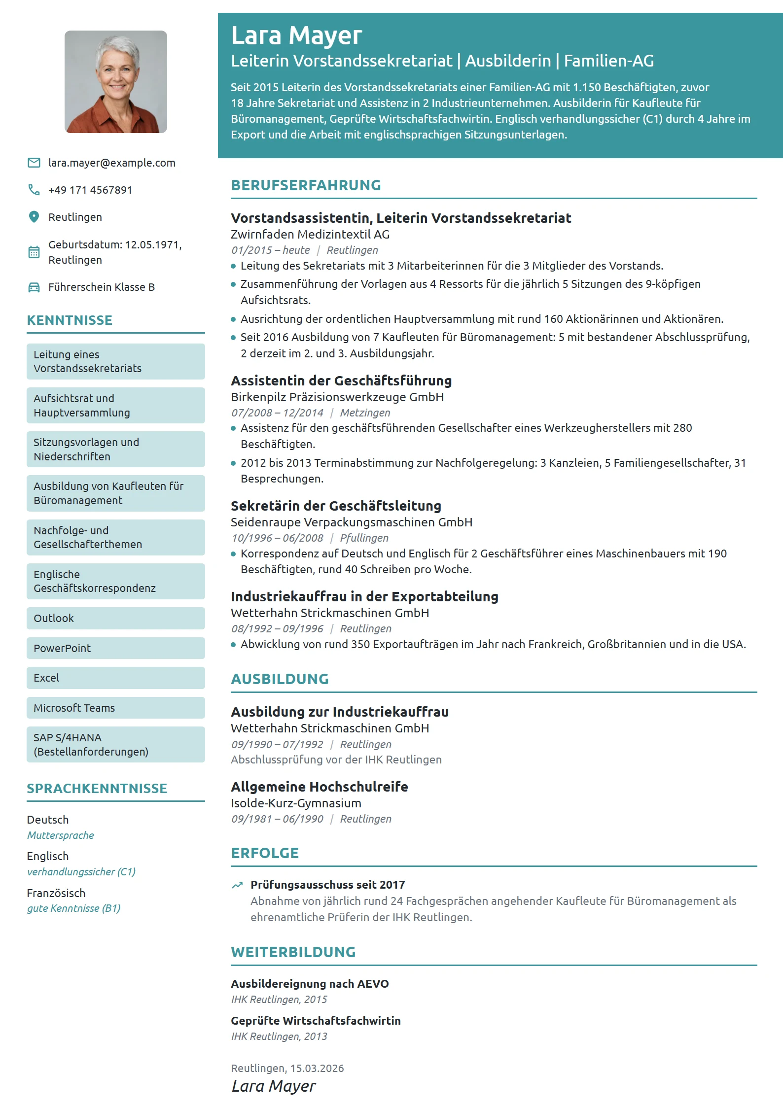 Lebenslauf-Beispiel: Vorstandsassistentin, Leiterin Sekretariat