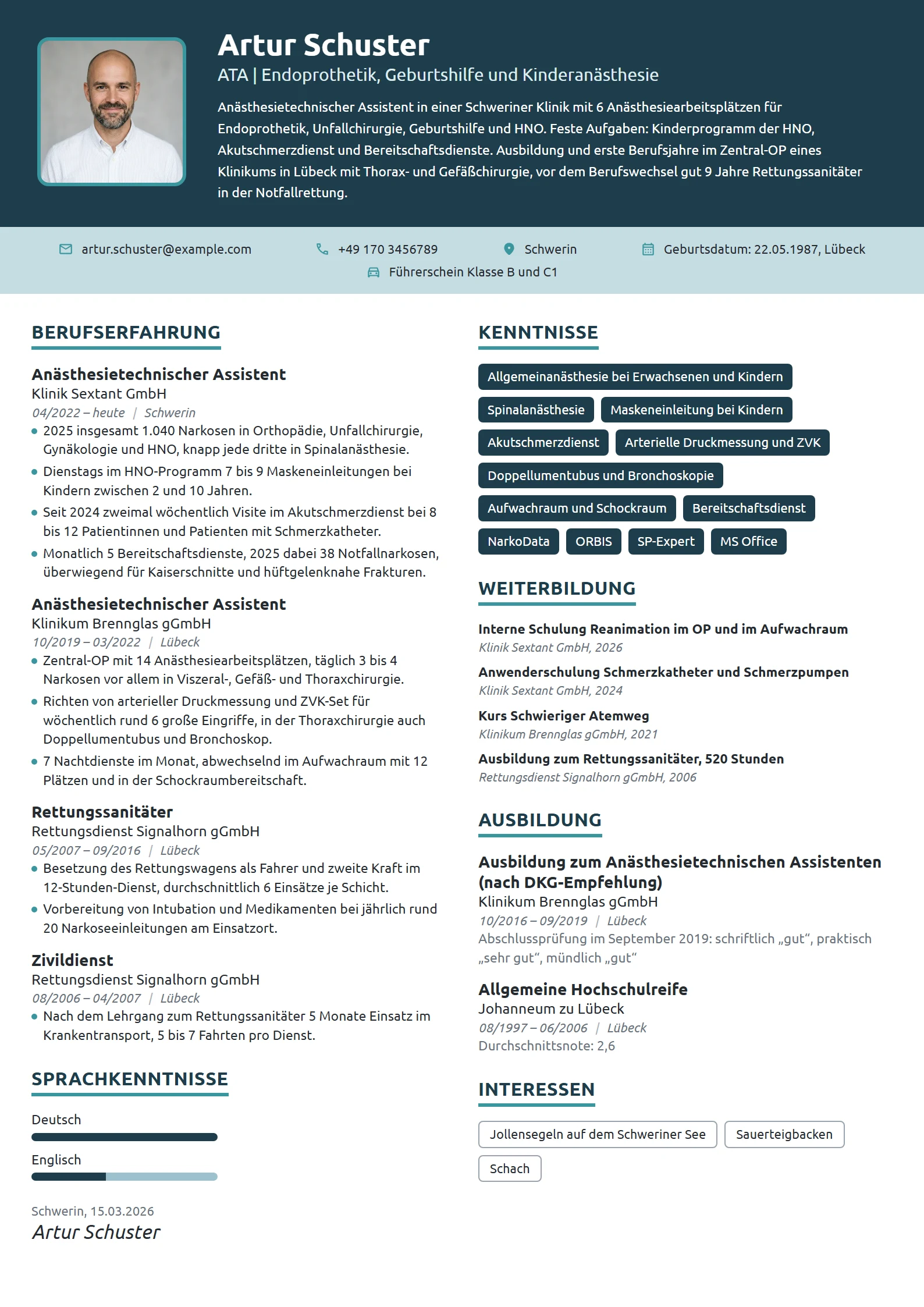 Lebenslauf-Beispiel: Anästhesietechnischer Assistent