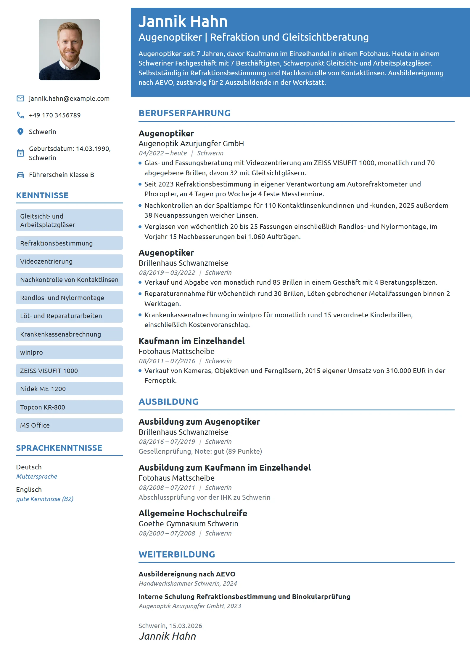 Lebenslauf-Beispiel: Augenoptiker im Fachgeschäft mit Werkstatt