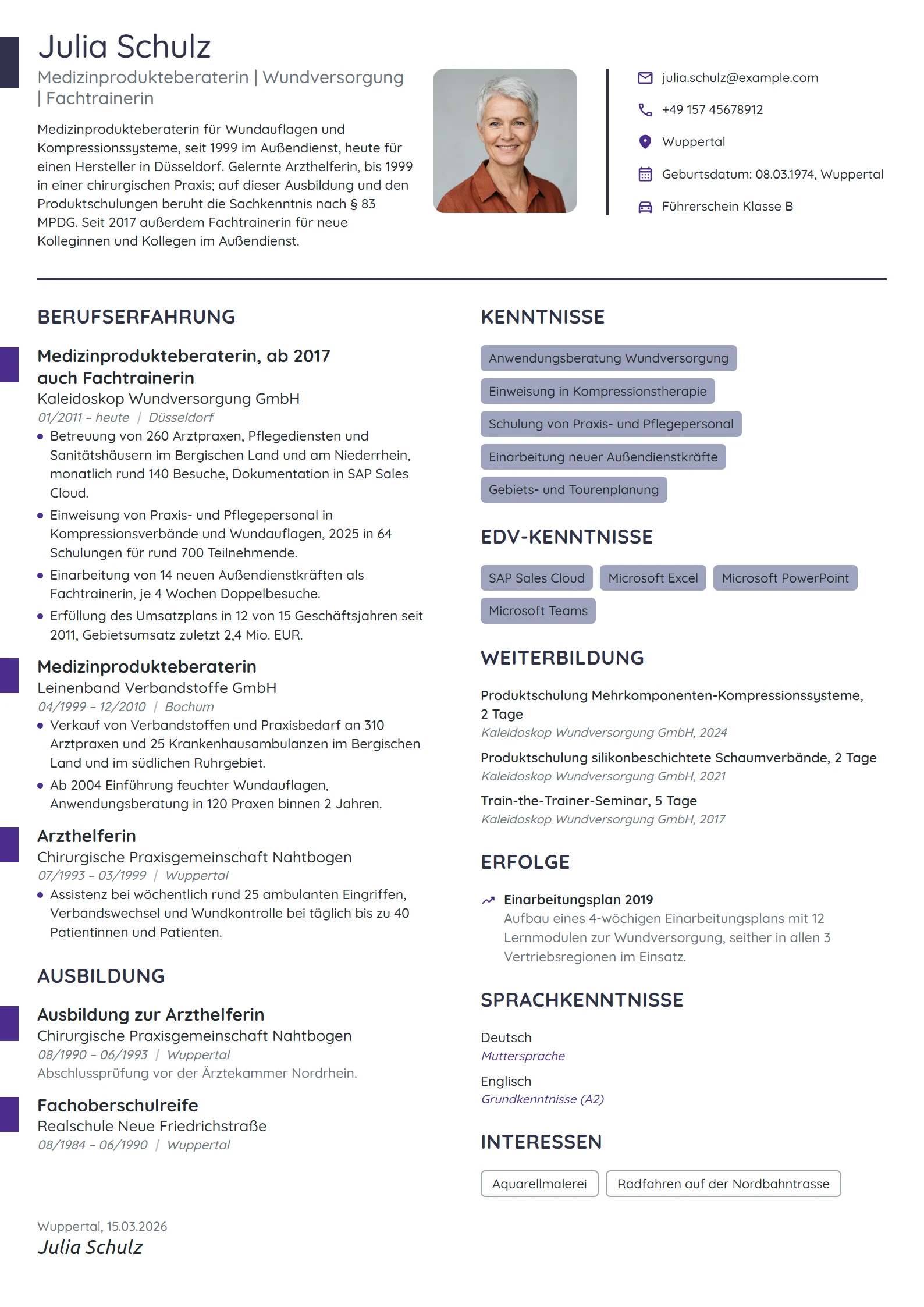 Lebenslauf-Beispiel: Medizinprodukteberaterin und Fachtrainerin