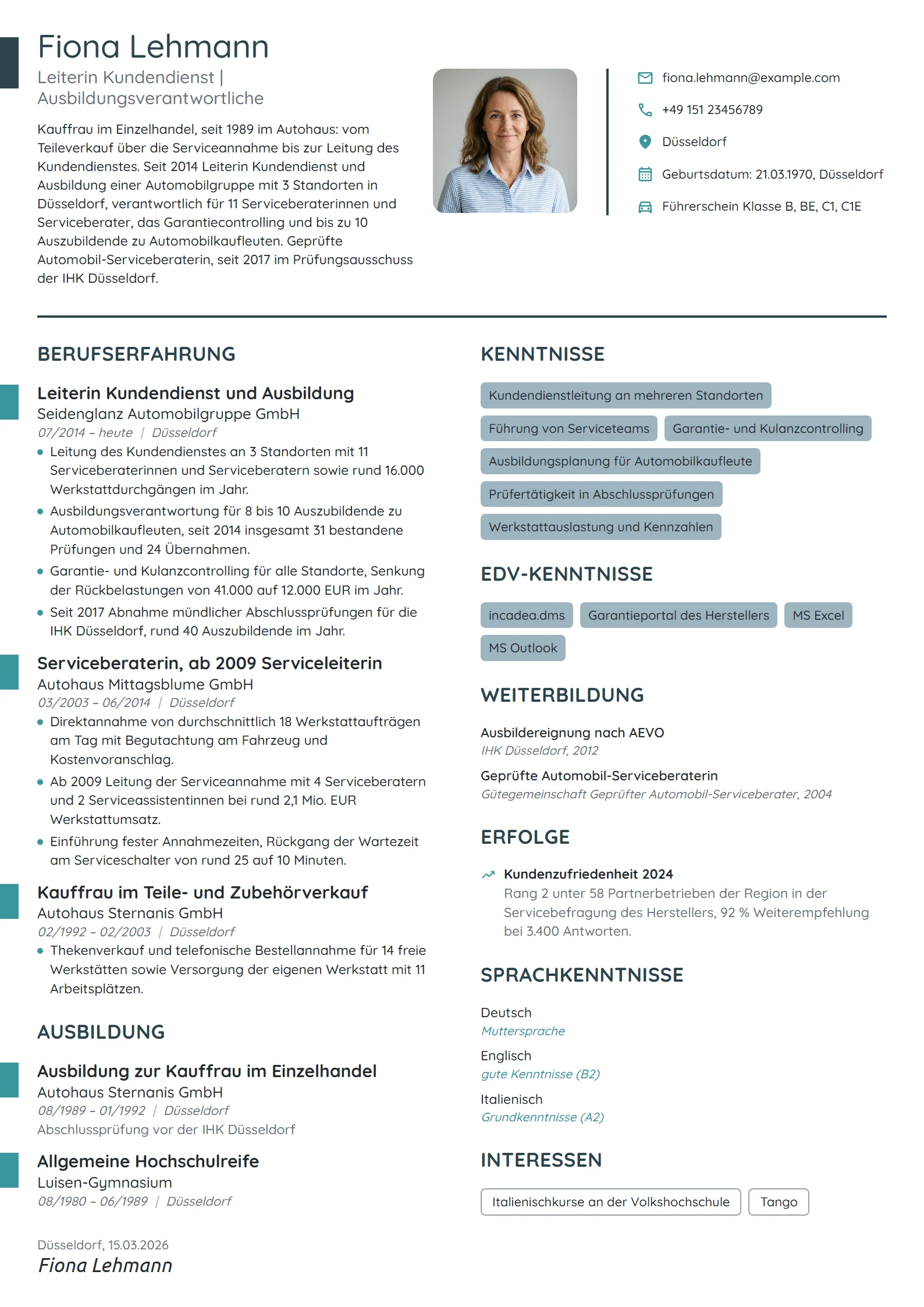 Lebenslauf-Beispiel: Leiterin Kundendienst und Ausbildung