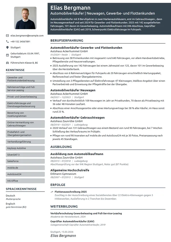 Lebenslauf-Beispiel: Automobilverkäufer für Gewerbekunden