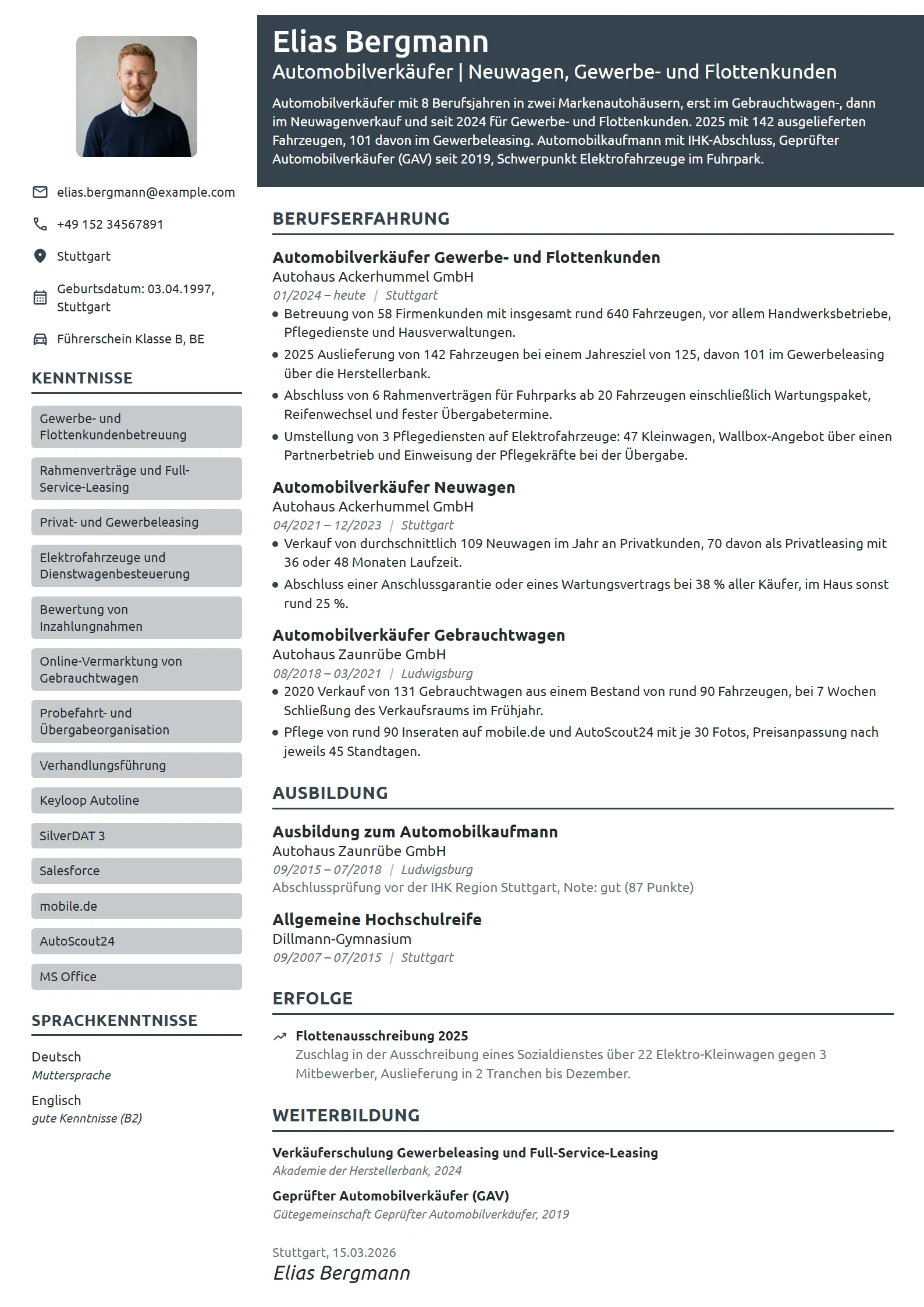 Lebenslauf-Beispiel: Automobilverkäufer für Gewerbekunden