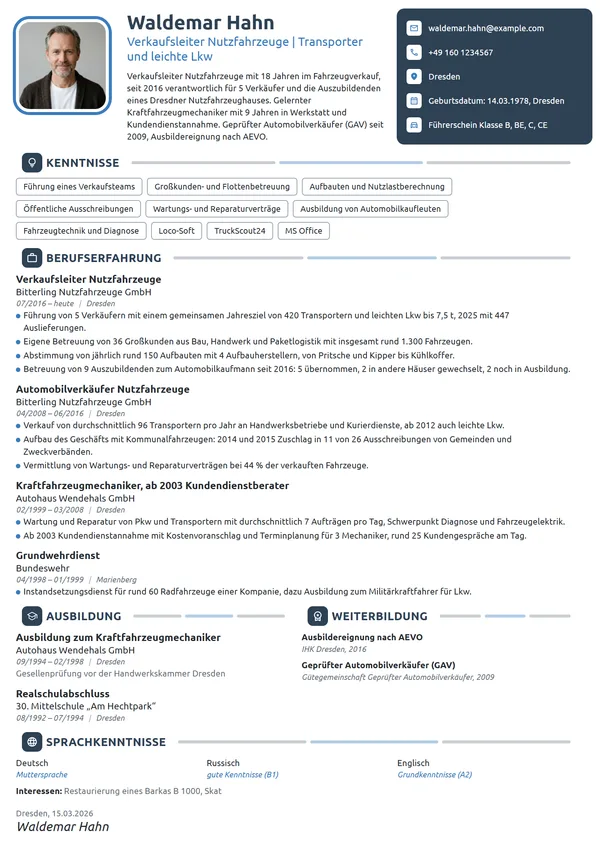 Lebenslauf-Beispiel: Verkaufsleiter Nutzfahrzeuge