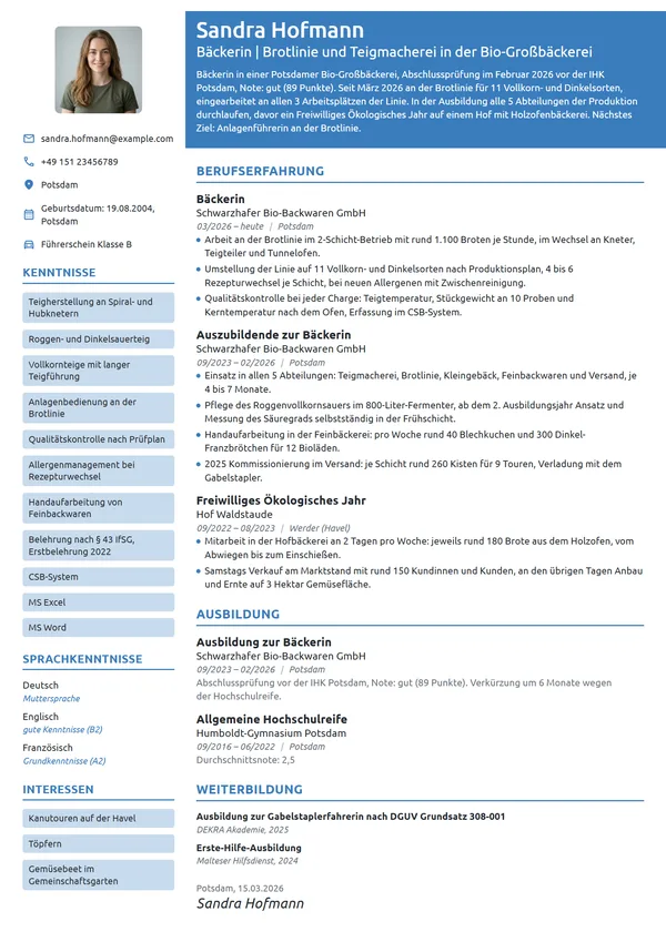 Lebenslauf-Beispiel: Bäckerin nach der Ausbildung, Großbäckerei