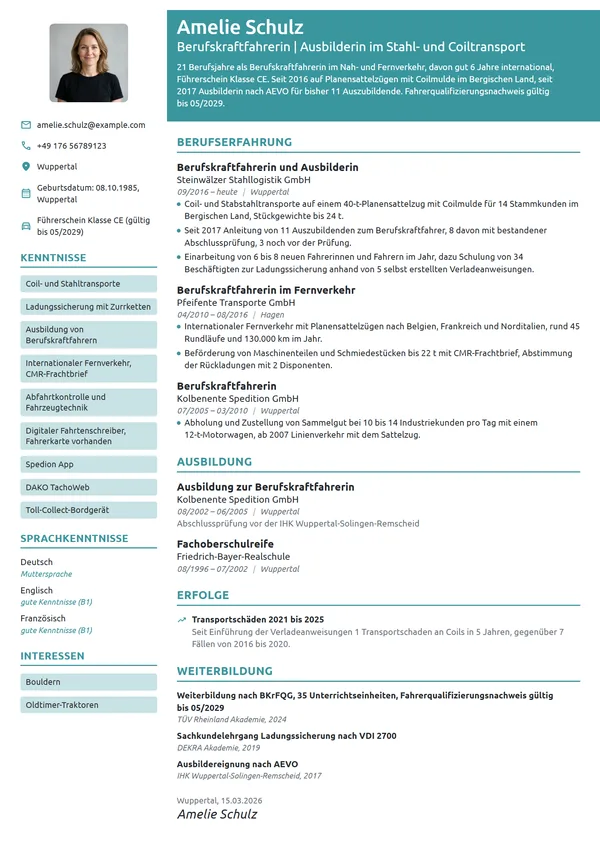 Lebenslauf-Beispiel: Berufskraftfahrerin und Ausbilderin