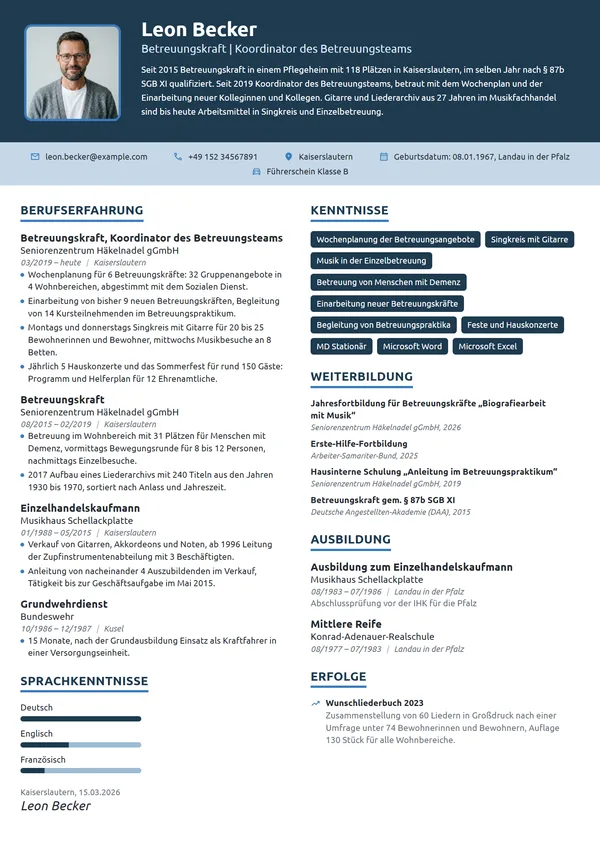 Lebenslauf-Beispiel: Betreuungskraft mit Teamkoordination